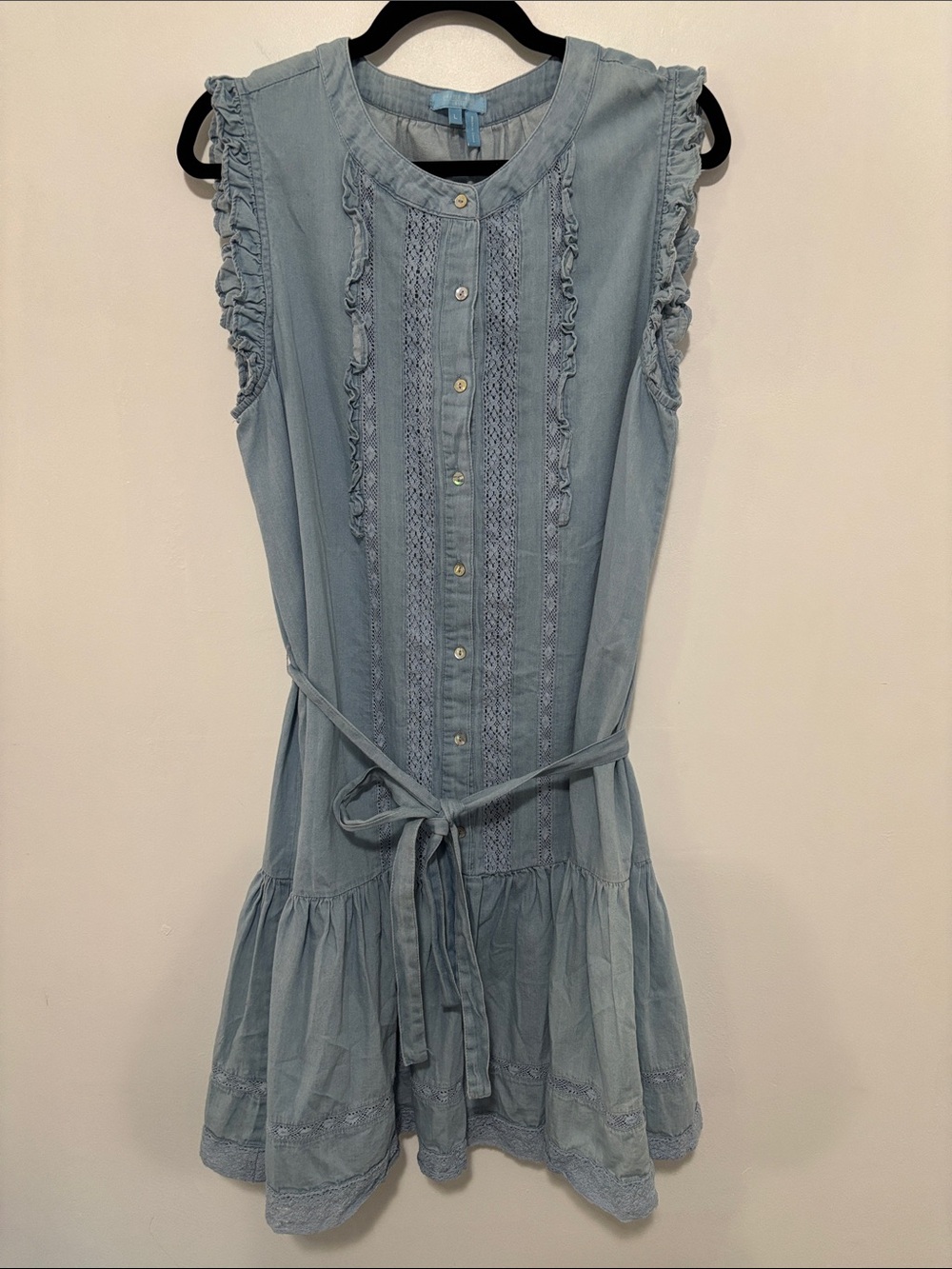 Draper James RSVP Light Blue Chambray Lace Ruffle Tiered Mini Dress L Tie Waist